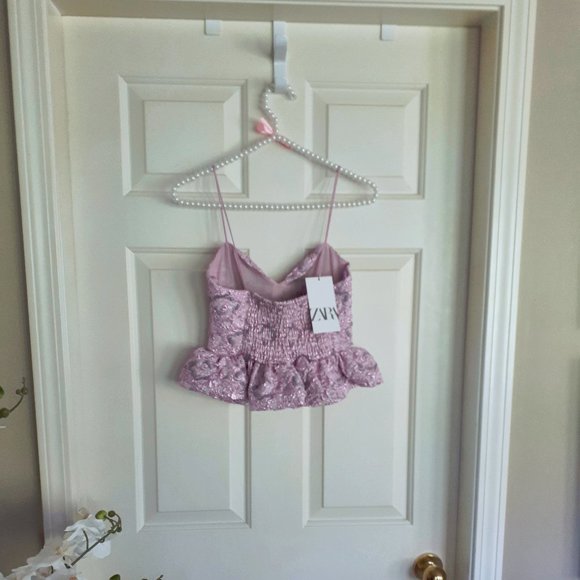 NWT Zara soft pink purple metallic peplum ruched top XS - Picture 7 of 8